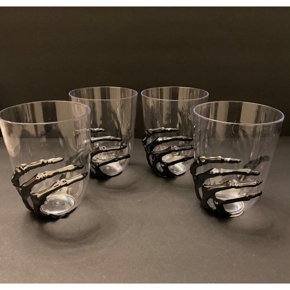 Set of 4 Metallic Silver look 3D Skeleton Hand Cups plastic Party Glasses 3-D